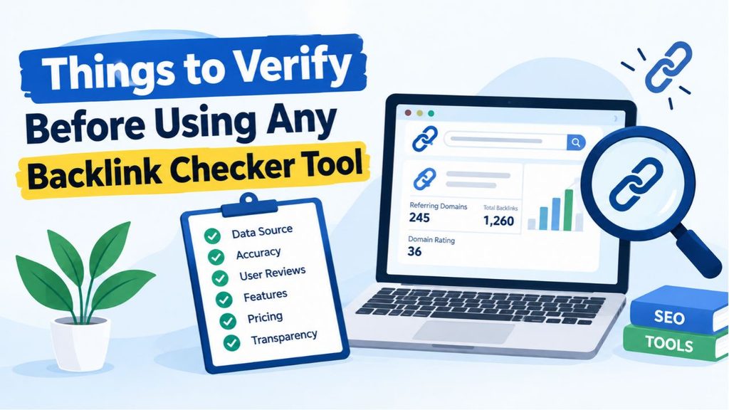 Things to verify before using a backlink checker tool, including data accuracy, user reviews, features, and SEO metrics.